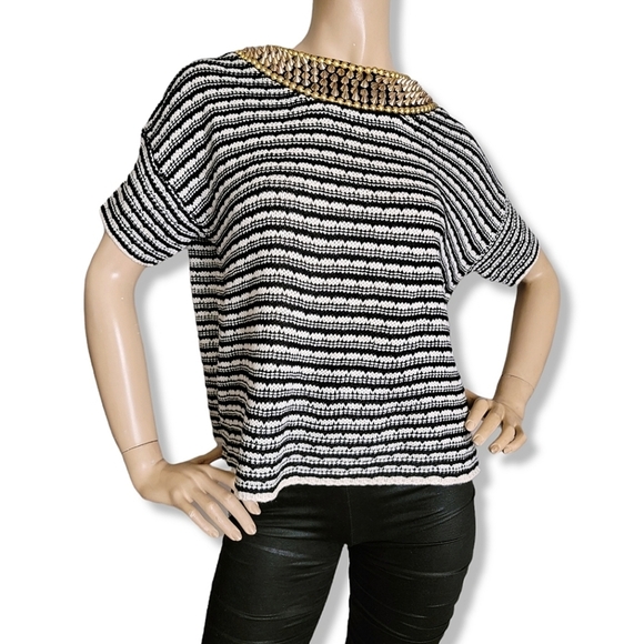 Gold Spiked Collar Knit Black & White Striped Sweater Boxy Top - Picture 1 of 8